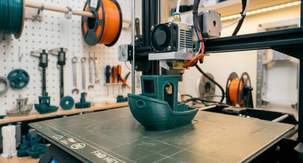 3D printing resources featuring a Benchy calibration model in a workshop.