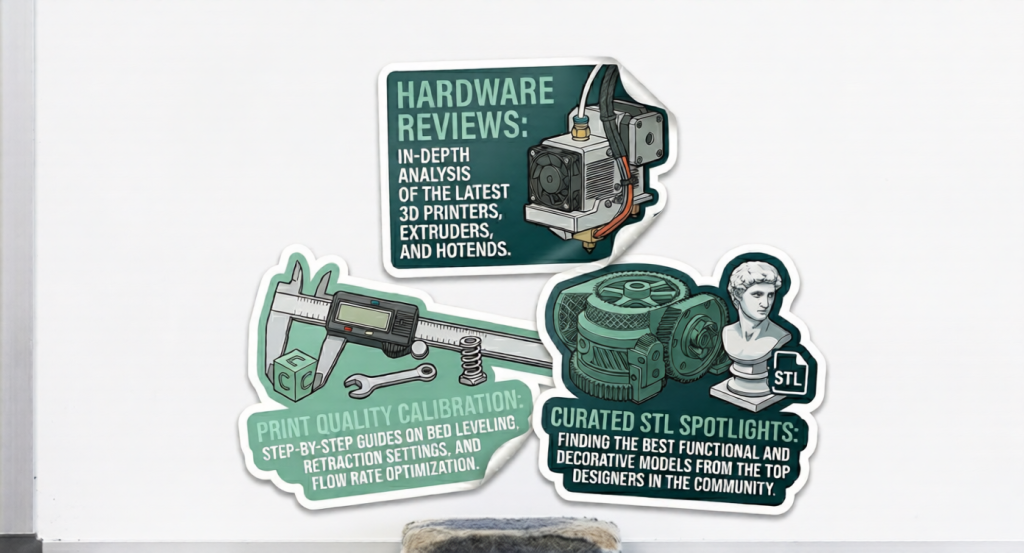 Three 3D printing resource stickers for Hardware Reviews, Print Quality Calibration, and Curated STL Spotlights displayed on a clean whiteboard.